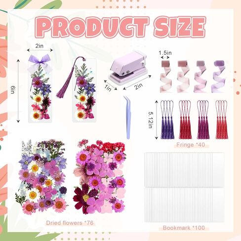 222 Pcs Dried Flower Bookmark Making Kit Include DIY Pressed Flower Colorful Tassels Ribbons and Transparent Bookmark Laminating Pouches 2 x 6 Inch (Classic Color) in Saudi Arabia