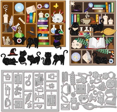 GLOBLELAND Magic Cat Cutting Dies for DIY Scrapbooking Metal Bookshelf Cut Dies Magic Broom Die Cuts for Card Making Embossing Photo Album Craft Decor in Kuwait