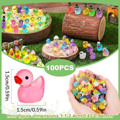 100 Pcs Luminous Mini Resin Ducks, Tiny Ducks Figurines to Hide Wearing Hats Glow in Dark for DIY Fairy Garden Dollhouse Cake Decoration (27 Styles) in Saudi Arabia