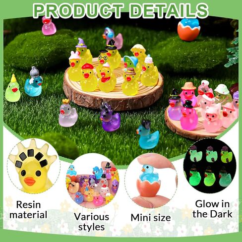 100 Pcs Luminous Mini Resin Ducks, Tiny Ducks Figurines to Hide Wearing Hats Glow in Dark for DIY Fairy Garden Dollhouse Cake Decoration (27 Styles) in Saudi Arabia