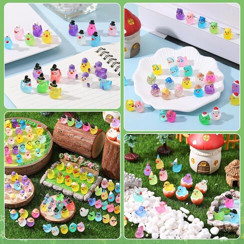 100 Pcs Luminous Mini Resin Ducks, Tiny Ducks Figurines to Hide Wearing Hats Glow in Dark for DIY Fairy Garden Dollhouse Cake Decoration (27 Styles) in Saudi Arabia