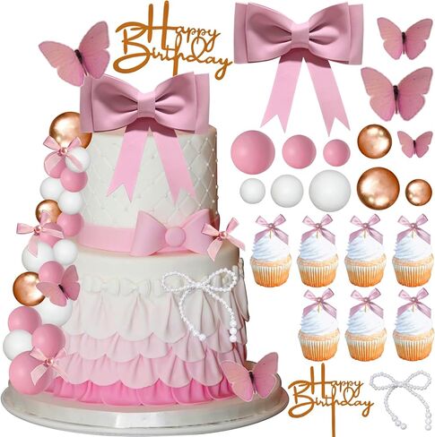 42PCS Pink Bow Cake Toppers Ribbon Bow Princess Cupcake Toppers Pearl Bowknot Cake Decorations for Wedding Baby Shower Birthday Party in Kuwait