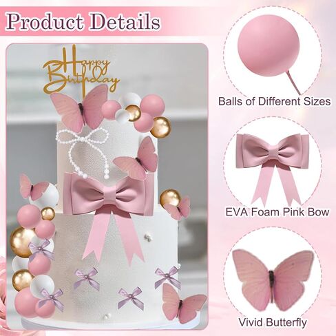 42PCS Pink Bow Cake Toppers Ribbon Bow Princess Cupcake Toppers Pearl Bowknot Cake Decorations for Wedding Baby Shower Birthday Party in Kuwait
