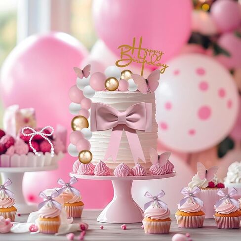 42PCS Pink Bow Cake Toppers Ribbon Bow Princess Cupcake Toppers Pearl Bowknot Cake Decorations for Wedding Baby Shower Birthday Party in Kuwait