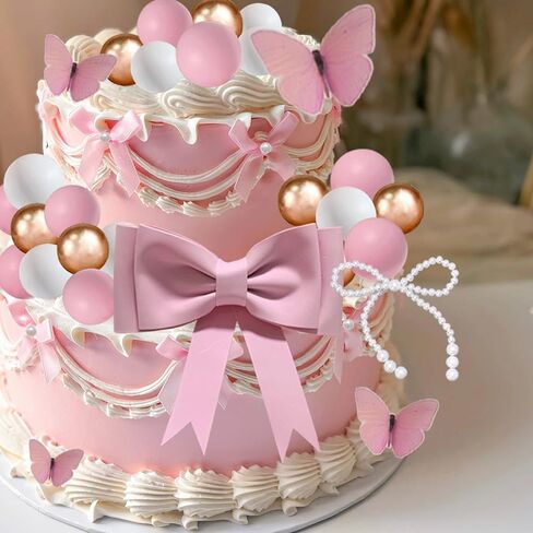42PCS Pink Bow Cake Toppers Ribbon Bow Princess Cupcake Toppers Pearl Bowknot Cake Decorations for Wedding Baby Shower Birthday Party in Kuwait
