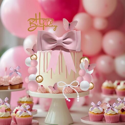 42PCS Pink Bow Cake Toppers Ribbon Bow Princess Cupcake Toppers Pearl Bowknot Cake Decorations for Wedding Baby Shower Birthday Party in Kuwait