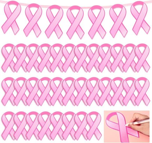 Whaline 100Pcs Pink Ribbon Cutouts Breast Cancer Awareness Paper Ribbons Cutouts with 32ft Pink Ribbon 200Pcs Glue Points for Women Charity Public and Social Event Supplies Decor in Saudi Arabia