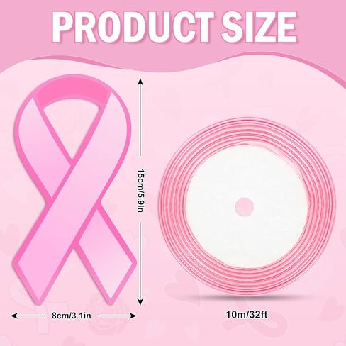 Whaline 100Pcs Pink Ribbon Cutouts Breast Cancer Awareness Paper Ribbons Cutouts with 32ft Pink Ribbon 200Pcs Glue Points for Women Charity Public and Social Event Supplies Decor in Saudi Arabia