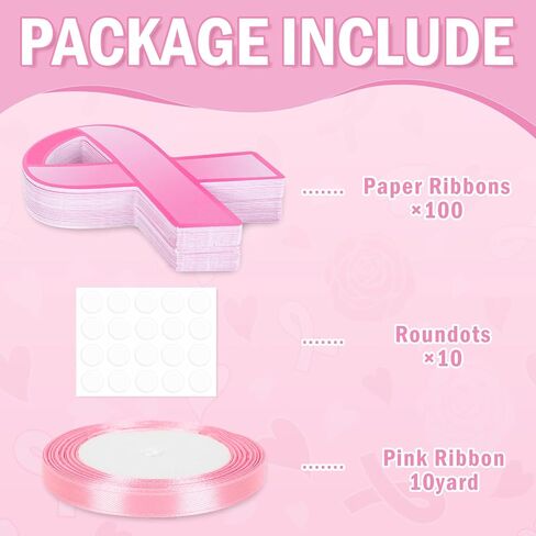 Whaline 100Pcs Pink Ribbon Cutouts Breast Cancer Awareness Paper Ribbons Cutouts with 32ft Pink Ribbon 200Pcs Glue Points for Women Charity Public and Social Event Supplies Decor in Saudi Arabia