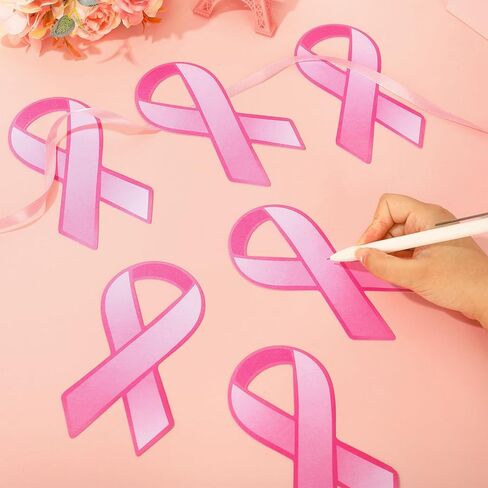 Whaline 100Pcs Pink Ribbon Cutouts Breast Cancer Awareness Paper Ribbons Cutouts with 32ft Pink Ribbon 200Pcs Glue Points for Women Charity Public and Social Event Supplies Decor in Saudi Arabia