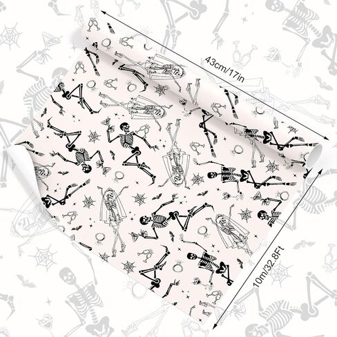 Whaline Halloween Wrapping Paper -Mini Roll- 17 In x 32.8 Ft Beige Black Skeleton Ring Gift Wrap Paper for Halloween Bride or Die Party Wrapping Supplies in Saudi Arabia