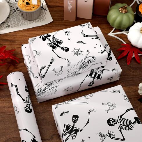 Whaline Halloween Wrapping Paper -Mini Roll- 17 In x 32.8 Ft Beige Black Skeleton Ring Gift Wrap Paper for Halloween Bride or Die Party Wrapping Supplies in Saudi Arabia