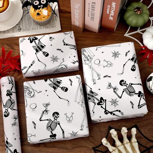 Whaline Halloween Wrapping Paper -Mini Roll- 17 In x 32.8 Ft Beige Black Skeleton Ring Gift Wrap Paper for Halloween Bride or Die Party Wrapping Supplies in Saudi Arabia