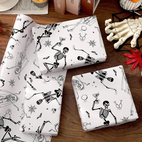 Whaline Halloween Wrapping Paper -Mini Roll- 17 In x 32.8 Ft Beige Black Skeleton Ring Gift Wrap Paper for Halloween Bride or Die Party Wrapping Supplies in Saudi Arabia