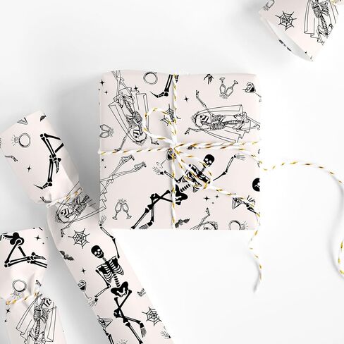 Whaline Halloween Wrapping Paper -Mini Roll- 17 In x 32.8 Ft Beige Black Skeleton Ring Gift Wrap Paper for Halloween Bride or Die Party Wrapping Supplies in Saudi Arabia
