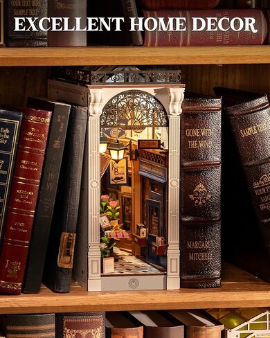 ROBOTIME DIY Book Nook Kit Bookend Stand Bookshelf Insert Bookcase Miniature House with Sensor Light 3D Wooden Puzzle Model Building (Sunshine Town) in Kuwait