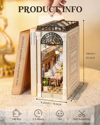ROBOTIME DIY Book Nook Kit Bookend Stand Bookshelf Insert Bookcase Miniature House with Sensor Light 3D Wooden Puzzle Model Building (Sunshine Town) in Kuwait