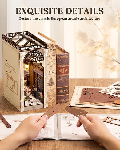 ROBOTIME DIY Book Nook Kit Bookend Stand Bookshelf Insert Bookcase Miniature House with Sensor Light 3D Wooden Puzzle Model Building (Sunshine Town) in Kuwait