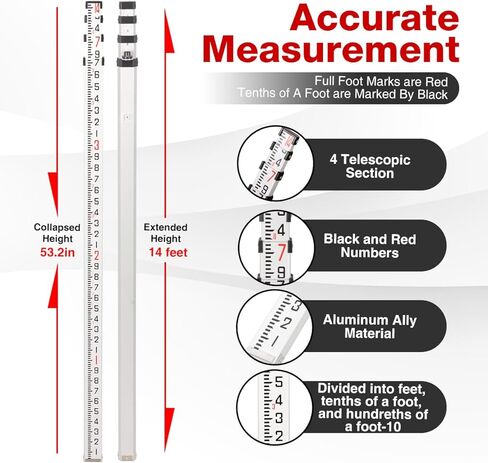 قضيب من الألومنيوم بطول 16 قدمًا - قضيب تسوية متداخل من 3 أقسام مع مستوى فقاعات، علامات مزدوجة الجوانب للقياس الدقيق (5 م/16 قدم، 10 أجزاء) in Kuwait
