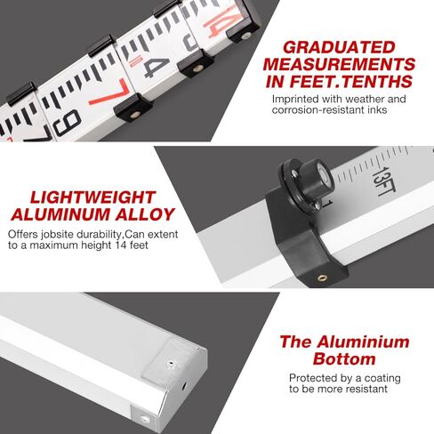 قضيب من الألومنيوم بطول 16 قدمًا - قضيب تسوية متداخل من 3 أقسام مع مستوى فقاعات، علامات مزدوجة الجوانب للقياس الدقيق (5 م/16 قدم، 10 أجزاء) in Kuwait