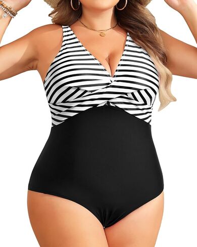 Yonique Plus Size Swimsuit One Piece Bathing Suits for Women Tummy Control Slimming Swimwear Black and White Stripe 18 Plus in Saudi Arabia