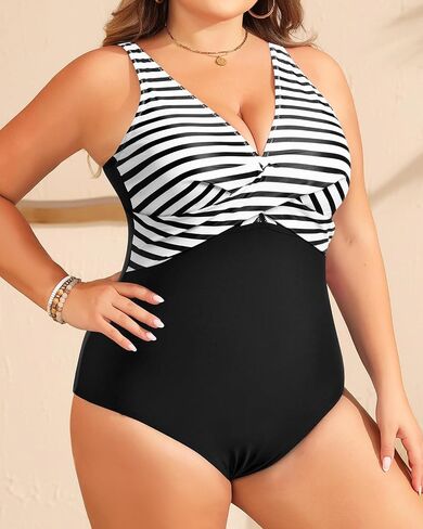 Yonique Plus Size Swimsuit One Piece Bathing Suits for Women Tummy Control Slimming Swimwear Black and White Stripe 18 Plus in Saudi Arabia