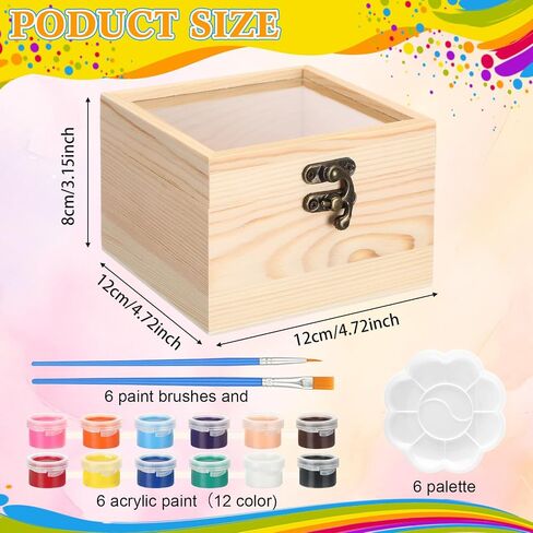 Chunful 6 Set Unfinished Wood Boxes with Hinged Glass Lid 4.72 x 4.72 x 3.15 Inch Small Wooden Treasure Chest Box for Craft 6 Acrylic Paint, 12 Brush, 6 Palette for DIY Storage Jewelry Keepsake Gifts in Saudi Arabia
