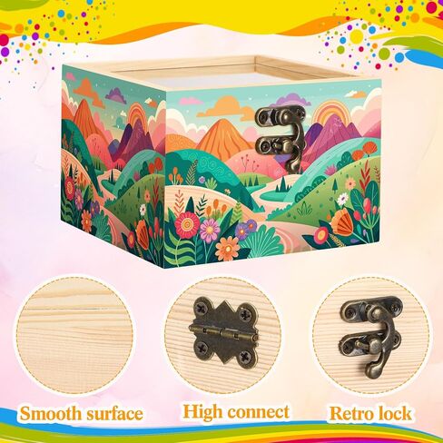 Chunful 6 Set Unfinished Wood Boxes with Hinged Glass Lid 4.72 x 4.72 x 3.15 Inch Small Wooden Treasure Chest Box for Craft 6 Acrylic Paint, 12 Brush, 6 Palette for DIY Storage Jewelry Keepsake Gifts in Saudi Arabia