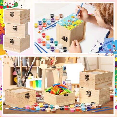 Chunful 6 Set Unfinished Wood Boxes with Hinged Glass Lid 4.72 x 4.72 x 3.15 Inch Small Wooden Treasure Chest Box for Craft 6 Acrylic Paint, 12 Brush, 6 Palette for DIY Storage Jewelry Keepsake Gifts in Saudi Arabia