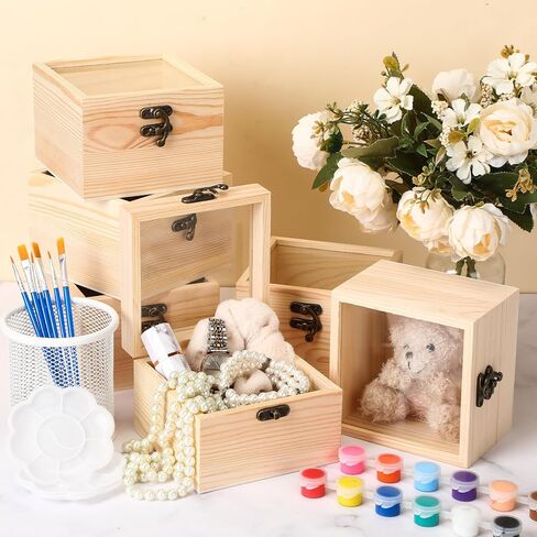 Chunful 6 Set Unfinished Wood Boxes with Hinged Glass Lid 4.72 x 4.72 x 3.15 Inch Small Wooden Treasure Chest Box for Craft 6 Acrylic Paint, 12 Brush, 6 Palette for DIY Storage Jewelry Keepsake Gifts in Saudi Arabia