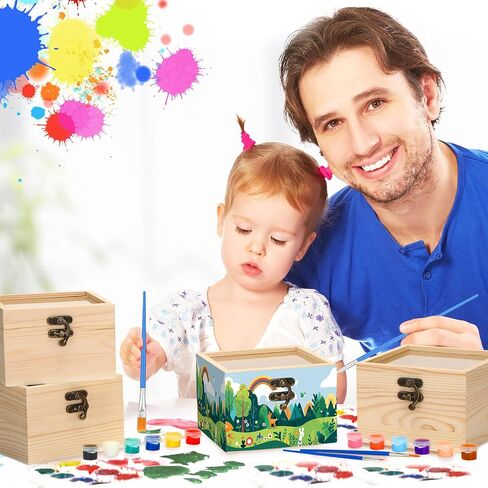 Chunful 6 Set Unfinished Wood Boxes with Hinged Glass Lid 4.72 x 4.72 x 3.15 Inch Small Wooden Treasure Chest Box for Craft 6 Acrylic Paint, 12 Brush, 6 Palette for DIY Storage Jewelry Keepsake Gifts in Saudi Arabia