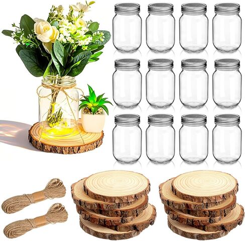 Honeydak 6 مجموعات مزهريات واضحة للقطاعات المركزية 4.8 بوصات زجاجة زجاجية خمر المزهريات للزهور 5.5-6.3 بوصات شرائح خشبية القرص الخشبي الوقايات المزرعة in Saudi Arabia