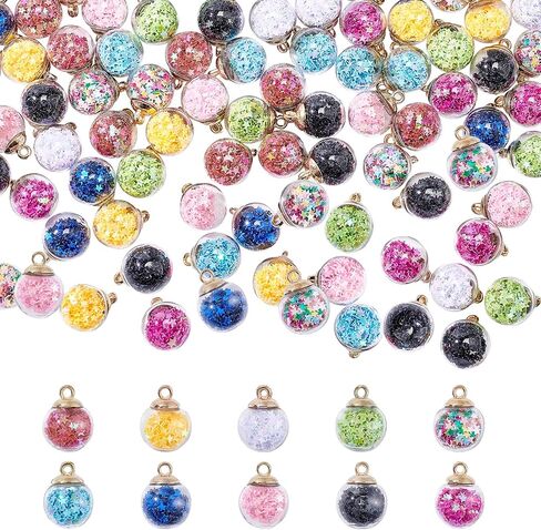 PH PandaHall 100pcs Colorful Glass Ball Charms - 15mm Crystal Glass Ball Pendants with Star Glitter Sequins, Cup Peg Bails for DIY Necklace, Earring, Jewelry, DIY Craft Making in Saudi Arabia