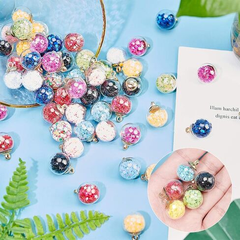 PH PandaHall 100pcs Colorful Glass Ball Charms - 15mm Crystal Glass Ball Pendants with Star Glitter Sequins, Cup Peg Bails for DIY Necklace, Earring, Jewelry, DIY Craft Making in Saudi Arabia