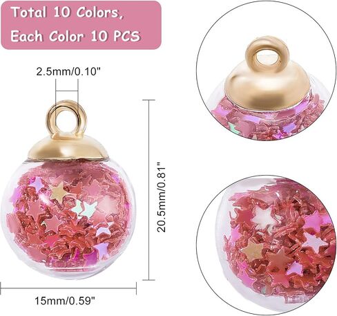PH PandaHall 100pcs Colorful Glass Ball Charms - 15mm Crystal Glass Ball Pendants with Star Glitter Sequins, Cup Peg Bails for DIY Necklace, Earring, Jewelry, DIY Craft Making in Saudi Arabia