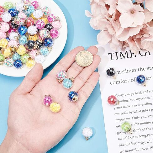PH PandaHall 100pcs Colorful Glass Ball Charms - 15mm Crystal Glass Ball Pendants with Star Glitter Sequins, Cup Peg Bails for DIY Necklace, Earring, Jewelry, DIY Craft Making in Saudi Arabia