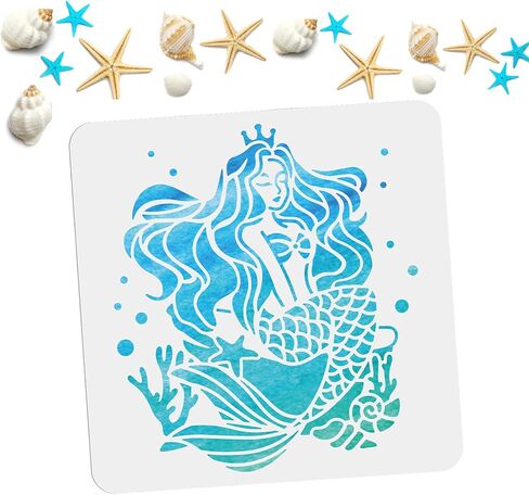 MAYJOYDIY Mermaid Stencil 11.8×11.8 Inch Sea Creature Stencils Reusable Ocean Coral Starfish Painting Stencils Tropical Mermaid Theme Crafts and Decor Paint Wall Wood Fabric Furniture in Saudi Arabia