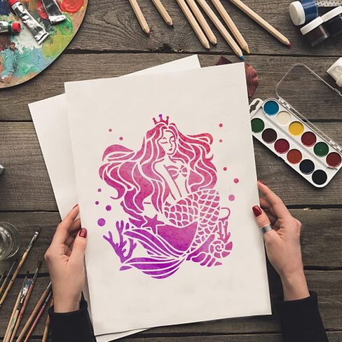 MAYJOYDIY Mermaid Stencil 11.8×11.8 Inch Sea Creature Stencils Reusable Ocean Coral Starfish Painting Stencils Tropical Mermaid Theme Crafts and Decor Paint Wall Wood Fabric Furniture in Saudi Arabia