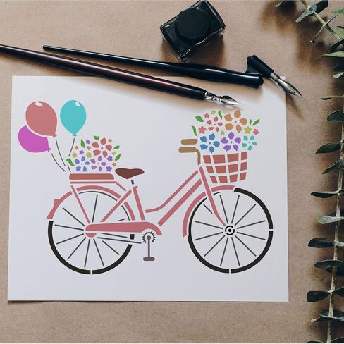 FINGERINSPIRE Bicycle Stencil Template 11.7x8.3 inch Flower Stencils Plastic Bike Balloon Flowers Pattern Painting Stencil Reusable DIY Decor Stencil for Painting on Wood, Floor, Wall in Saudi Arabia