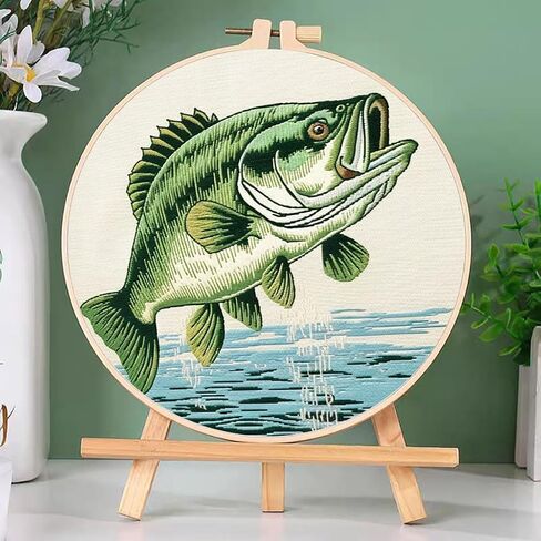 DIY Cross Stitch Kits Bass Fish with Hoop 11ct Needlepoint Embroidery مختومة مُعد Cross Cross Set Set Craft Wall Decor 20x20cm-1 in Saudi Arabia