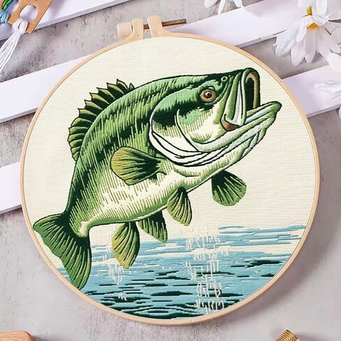 DIY Cross Stitch Kits Bass Fish with Hoop 11ct Needlepoint Embroidery مختومة مُعد Cross Cross Set Set Craft Wall Decor 20x20cm-1 in Saudi Arabia