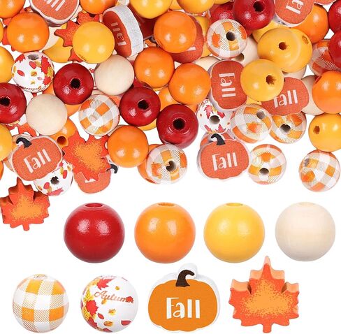 Whaline 200Pcs Fall Wooden Beads Thanksgiving Rustic Farmhouse Wood Beads Autumn Maple Leaves Pumpkin Plaid Beads Natural Round Beads for DIY Craft Making Bracelet Necklace Home Tiered Tray Decor in Saudi Arabia
