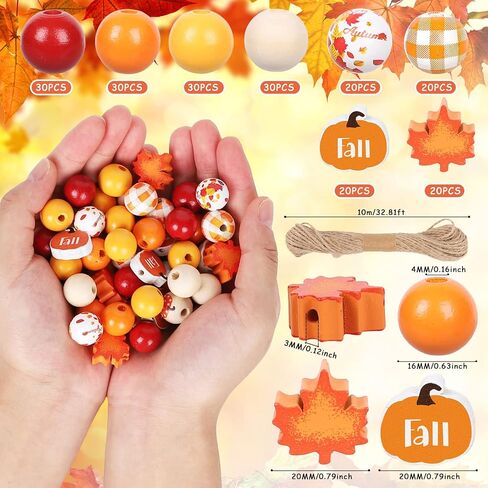 Whaline 200Pcs Fall Wooden Beads Thanksgiving Rustic Farmhouse Wood Beads Autumn Maple Leaves Pumpkin Plaid Beads Natural Round Beads for DIY Craft Making Bracelet Necklace Home Tiered Tray Decor in Saudi Arabia