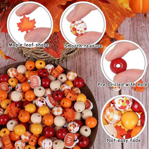 Whaline 200Pcs Fall Wooden Beads Thanksgiving Rustic Farmhouse Wood Beads Autumn Maple Leaves Pumpkin Plaid Beads Natural Round Beads for DIY Craft Making Bracelet Necklace Home Tiered Tray Decor in Saudi Arabia