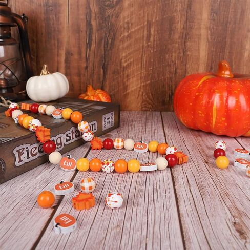 Whaline 200Pcs Fall Wooden Beads Thanksgiving Rustic Farmhouse Wood Beads Autumn Maple Leaves Pumpkin Plaid Beads Natural Round Beads for DIY Craft Making Bracelet Necklace Home Tiered Tray Decor in Saudi Arabia