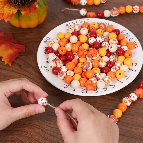 Whaline 200Pcs Fall Wooden Beads Thanksgiving Rustic Farmhouse Wood Beads Autumn Maple Leaves Pumpkin Plaid Beads Natural Round Beads for DIY Craft Making Bracelet Necklace Home Tiered Tray Decor in Saudi Arabia