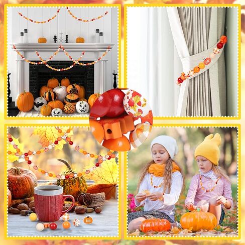 Whaline 200Pcs Fall Wooden Beads Thanksgiving Rustic Farmhouse Wood Beads Autumn Maple Leaves Pumpkin Plaid Beads Natural Round Beads for DIY Craft Making Bracelet Necklace Home Tiered Tray Decor in Saudi Arabia
