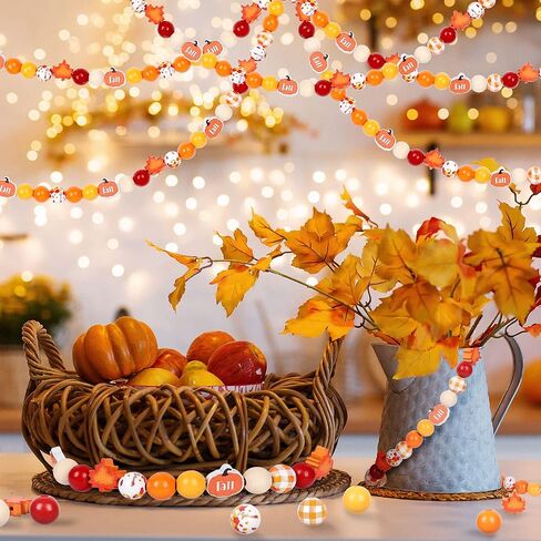 Whaline 200Pcs Fall Wooden Beads Thanksgiving Rustic Farmhouse Wood Beads Autumn Maple Leaves Pumpkin Plaid Beads Natural Round Beads for DIY Craft Making Bracelet Necklace Home Tiered Tray Decor in Saudi Arabia