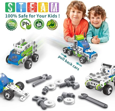 STEM Building Toys for Kids Ages 4-8, 175 Pcs Educational Construction Kit, Building Blocks Set, 18 in 1 Creative Engineering Pull Back Cars, Birthday Gift for Boys & Girls 4 5 6 7 8 9 10 Year Old in Kuwait