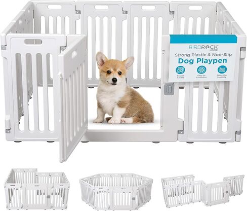 BIRDROCK HOME Dog Playpen with Door | 12 Panel | 25.6in H | Strong Plastic | Puppy Safety Fence Pen Playpen | Non-Slip and Secure Pet Gate | White in Kuwait
